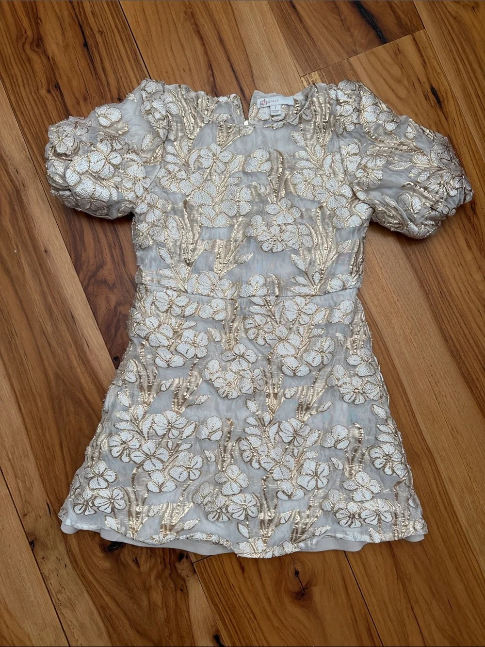 Embroidered Puff-Sleeve Mini Dress in Ivory & Gold